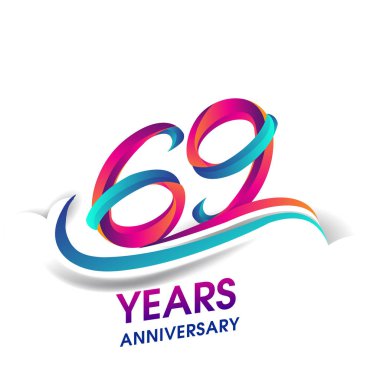 69 yıldönümü kutlama logo mavi ve kırmızı renkli. Doğum günü logosu beyaz arka plan üzerinde.