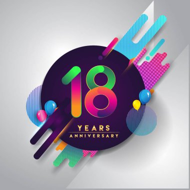 18 yıldönümü logosu ile renkli arka plan, tasarım şablonu öğeleri için davetiye ve afiş, Doğum günü kutlaması vektör
