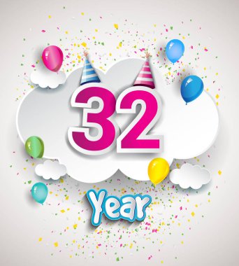 32 yıldönümü kutlama tasarım, bulutlar ve balon, konfeti ile. Vektör şablon öğeleri için senin, altmış sekiz yıl Doğum günü kutlama partisi.