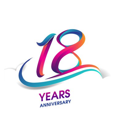 18 yıldönümü kutlama logo mavi ve kırmızı renkli. Doğum günü logosu beyaz arka plan üzerinde.