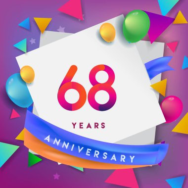68 yıl yıldönümü kutlama tasarım, balonlar ve şerit, renkli tasarım öğeleri için afiş, davetiye, tebrik kartı, altmış üç Doğum günü kutlama partisi.
