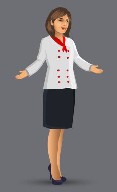 Şef kadın illüstrasyon karikatür figürü kadın şef bir menü ve gıda, broşür, afiş ve web tasarım öğeleri sundu.