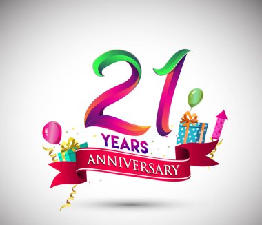 21 yıldönümü kutlama tasarımı için hediye kutusu ve balonlar, kırmızı kurdele, renkli vektör şablon öğeleri ile senin, doksan yedi yıl Doğum günü kutlama partisi.
