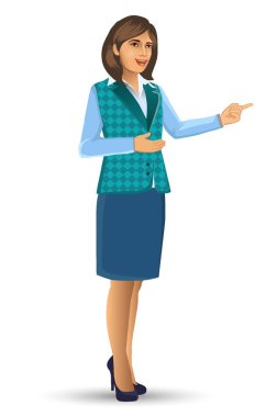 Öğretmen veya öğretim poz sunuda, kadın öğretmen karikatür figürü sundu, dersler, eğitim, sınıf vektör çizim