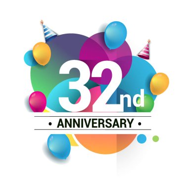 32 yıl yıldönümü logo, vektör tasarım Doğum günü kutlaması ile renkli geometrik, daireler ve beyaz arka plan üzerinde izole balonlar.