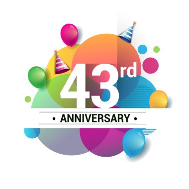 43 yıl yıldönümü logo, vektör tasarım Doğum günü kutlaması ile renkli geometrik, daireler ve beyaz arka plan üzerinde izole balonlar.