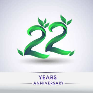22 yıldönümü kutlama logo yaprakları ve yeşil renkli. 99 Doğum günü logosu beyaz arka plan üzerinde.
