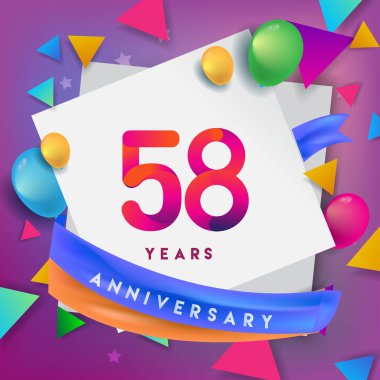58 yıl yıldönümü kutlama tasarım, balonlar ve şerit, renkli tasarım öğeleri için afiş, davetiye, tebrik kartı, altmış üç Doğum günü kutlama partisi.
