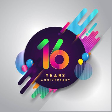 16 yıl dönümü logosu ile renkli arka plan, tasarım şablonu öğeleri için davetiye ve afiş, Doğum günü kutlaması vektör