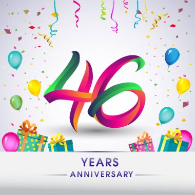 46 yıldönümü kutlama tasarım, hediye kutusu, balonlar ve konfeti, renkli vektör şablon öğeleri için senin, sekiz yıl Doğum günü kutlama partisi.