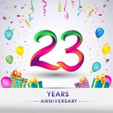 23 yıldönümü kutlama tasarım, hediye kutusu, balonlar ve konfeti, renkli vektör şablon öğeleri için senin, sekiz yıl Doğum günü kutlama partisi.