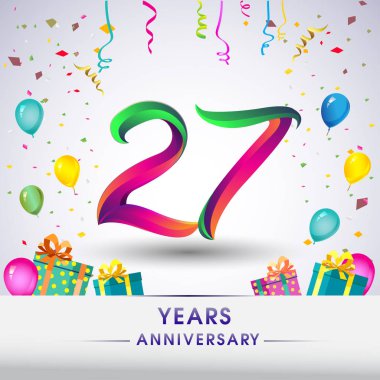 27 yıldönümü kutlama tasarım, hediye kutusu, balonlar ve konfeti, renkli vektör şablon öğeleri için senin, sekiz yıl Doğum günü kutlama partisi.