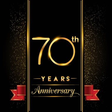 70 yıldönümü kutlama logo. yıldönümü logolu siyah arka plan, vektör tasarımı tebrik kartı ve davetiye için izole renkli konfeti altın