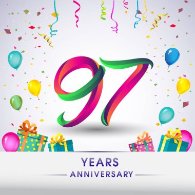 97 yıldönümü kutlama tasarım, hediye kutuları, balonlar ve konfeti, renkli vektör şablon öğeleri için senin, seksen iki yıl Doğum günü kutlama partisi.