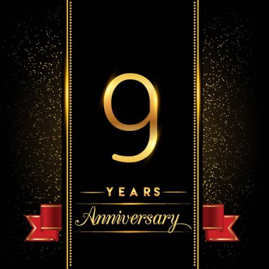 9 yıldönümü parlayan logo renkli konfeti altın ile tebrik kartı ve davetiye için tasarım vektör koyu arka plan üzerinde izole.