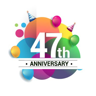 47 yıl yıldönümü logo, vektör tasarım Doğum günü kutlaması ile renkli geometrik, daireler ve beyaz arka plan üzerinde izole balonlar.