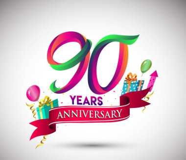 90 yıldönümü kutlama tasarımı için hediye kutusu ve balonlar, kırmızı kurdele, renkli vektör şablon öğeleri ile senin, doksan yedi yıl Doğum günü kutlama partisi.