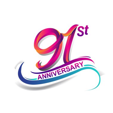 91 yıldönümü kutlama logo mavi ve kırmızı renkli. doksan dokuz yıl Doğum günü logosu beyaz arka plan üzerinde.