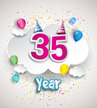 35anniversary kutlama tasarım, bulutlar ve balon, konfeti ile. Vektör şablon öğeleri için senin, altmış sekiz yıl Doğum günü kutlama partisi.