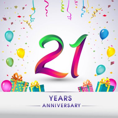 21 yıldönümü kutlama tasarım, hediye kutusu, balonlar ve konfeti, renkli vektör şablon öğeleri için senin, sekiz yıl Doğum günü kutlama partisi.