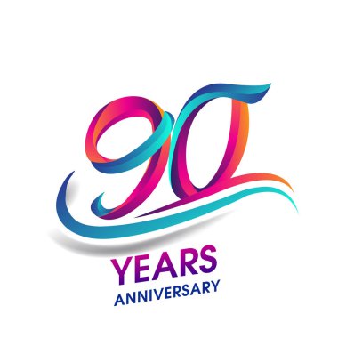 90 yıldönümü kutlama logo mavi ve kırmızı renkli. Doğum günü logosu beyaz arka plan üzerinde.
