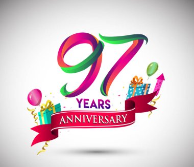 97 yıldönümü kutlama tasarımı için hediye kutusu ve balonlar, kırmızı kurdele, renkli vektör şablon öğeleri ile senin, doksan yedi yıl Doğum günü kutlama partisi.