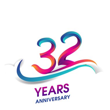 32 yıldönümü kutlama logo mavi ve kırmızı renkli. Doğum günü logosu beyaz arka plan üzerinde.