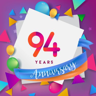 94 yıl yıldönümü kutlama tasarım, balonlar ve şerit, renkli tasarım öğeleri için afiş, davetiye, tebrik kartı, altmış üç Doğum günü kutlama partisi.