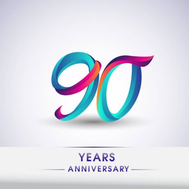 90 yıl yıldönümü kutlama logo mavi ve kırmızı renkli, Doğum günü logosu beyaz arka plan üzerinde
