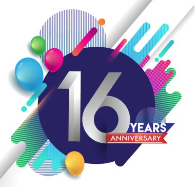 16 yıl yıldönümü logosu ile renkli arka plan, tasarım şablonu öğeleri için davetiye ve afiş, Doğum günü kutlaması vektör.