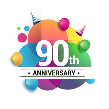 90 yıl yıldönümü logo, vektör tasarım Doğum günü kutlaması ile renkli geometrik, daireler ve beyaz arka plan üzerinde izole balonlar.