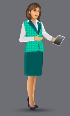 Öğretmen veya öğretim poz sunuda, kadın öğretmen karikatür figürü sundu, dersler, eğitim, sınıf vektör çizim