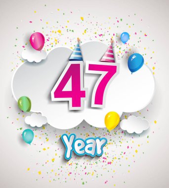 47 yıldönümü kutlama tasarım, bulutlar ve balon, konfeti ile. Vektör şablon öğeleri için senin, altmış sekiz yıl Doğum günü kutlama partisi.