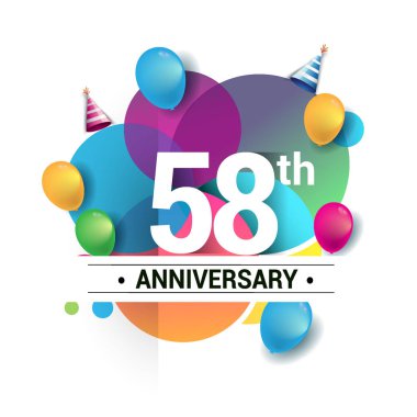 58 yıl yıldönümü logo, vektör tasarım Doğum günü kutlaması ile renkli geometrik, daireler ve beyaz arka plan üzerinde izole balonlar.
