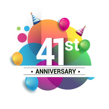 41 yıl yıldönümü logo, vektör tasarım Doğum günü kutlaması ile renkli geometrik, daireler ve beyaz arka plan üzerinde izole balonlar.
