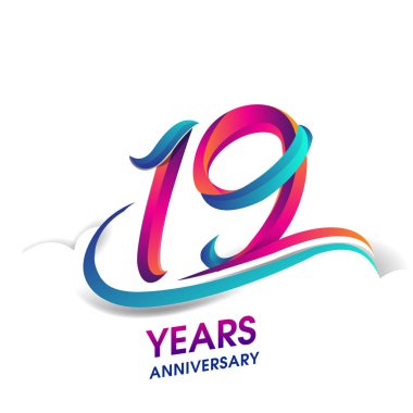 19 yıldönümü kutlama logo mavi ve kırmızı renkli. Doğum günü logosu beyaz arka plan üzerinde.