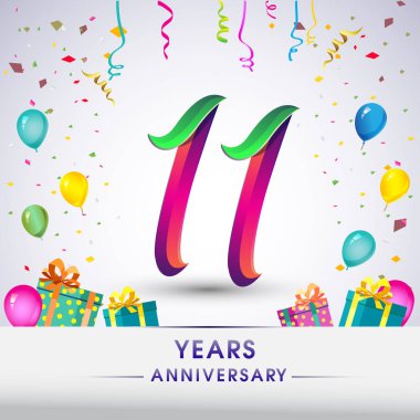 11 yıldönümü kutlama tasarım, hediye kutusu, balonlar ve konfeti, renkli vektör şablon öğeleri için senin, sekiz yıl Doğum günü kutlama partisi.