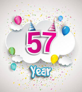 57 yıldönümü kutlama tasarım, bulutlar ve balon, konfeti ile. Vektör şablon öğeleri için senin, altmış sekiz yıl Doğum günü kutlama partisi.