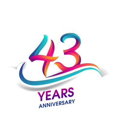  43 yıldönümü kutlama logo mavi ve kırmızı renkli. Doğum günü logosu beyaz arka plan üzerinde.