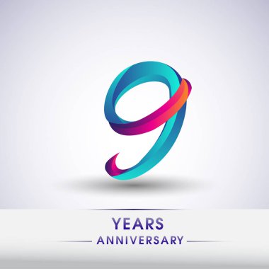 9 yıl yıldönümü kutlama logo mavi ve kırmızı renkli, Doğum günü logosu beyaz arka plan üzerinde