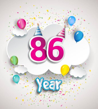 86 yıldönümü kutlama tasarım, bulutlar ve balon, konfeti ile. Vektör şablon öğeleri için senin, altmış sekiz yıl Doğum günü kutlama partisi.