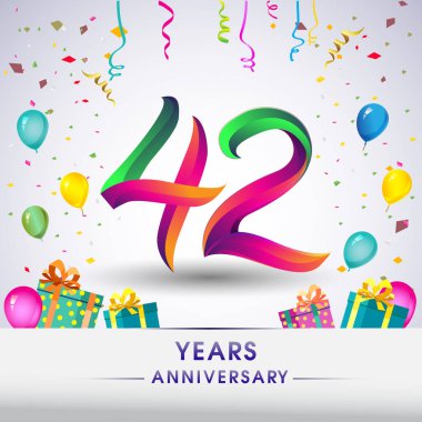 42 yıldönümü kutlama tasarım, hediye kutusu, balonlar ve konfeti, renkli vektör şablon öğeleri için senin, sekiz yıl Doğum günü kutlama partisi.