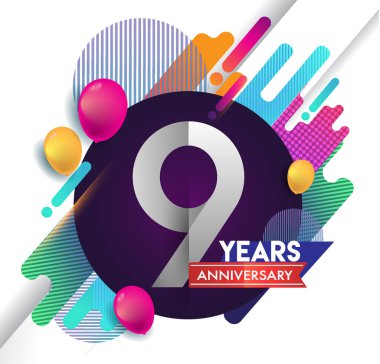 9 yıl yıldönümü logosu ile renkli arka plan, tasarım şablonu öğeleri için davetiye ve afiş, Doğum günü kutlaması vektör.