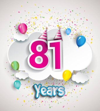 81 yıldönümü kutlama tasarım, bulutlar ve balon, konfeti ile. Vektör şablon öğeleri için senin, altmış sekiz yıl Doğum günü kutlama partisi.