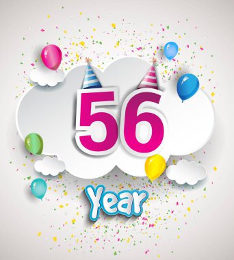 56 yıldönümü kutlama tasarım, bulutlar ve balon, konfeti ile. Vektör şablon öğeleri için senin, altmış sekiz yıl Doğum günü kutlama partisi.