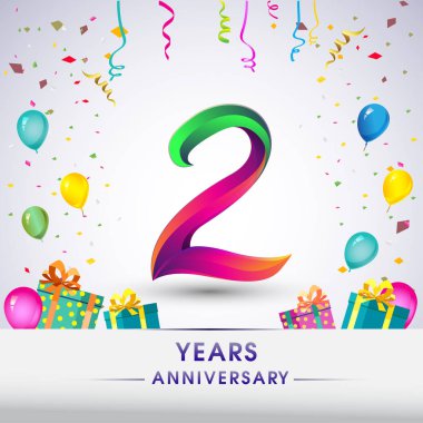 2 yıldönümü kutlama tasarım, hediye kutusu, balonlar ve konfeti, renkli vektör şablon öğeleri için senin, sekiz yıl Doğum günü kutlama partisi.