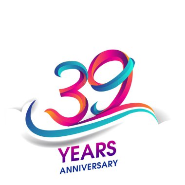 39 yıldönümü kutlama logo mavi ve kırmızı renkli. Doğum günü logosu beyaz arka plan üzerinde.