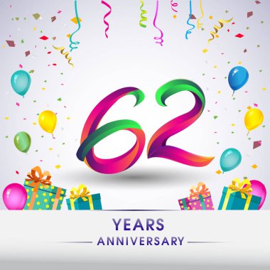 62 yıldönümü kutlama tasarım, hediye kutusu, balonlar ve konfeti, renkli vektör şablon öğeleri için senin, sekiz yıl Doğum günü kutlama partisi.
