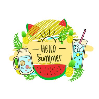 Yaz arka plan, logo, elle çizilmiş ve tasarım öğeleri için yaz tatili, poster ve davet için vektör çizim.