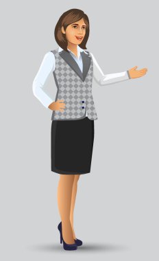 Öğretmen veya öğretim poz sunuda, kadın öğretmen karikatür figürü sundu, dersler, eğitim, sınıf vektör çizim